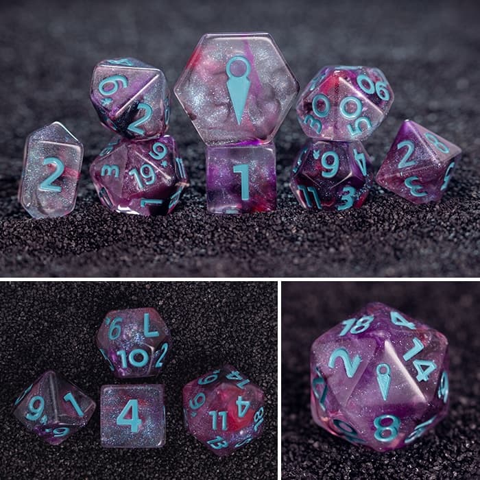 Mysterious Stranger 8-piece resin RPG dice set on dark sand: a dark purple & pink smokey swirl