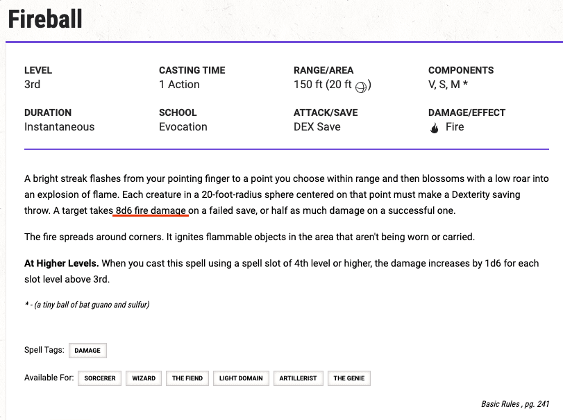 The D&D Fireball spell description, with its 8d6 fire damage underlined